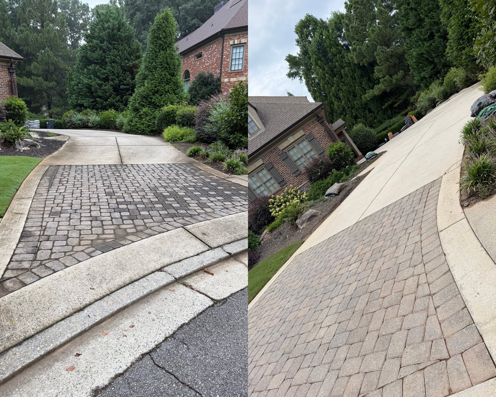 Before and after: a mossy paver driveway apron and concrete drive cleaned bright by KM Property Restorations
