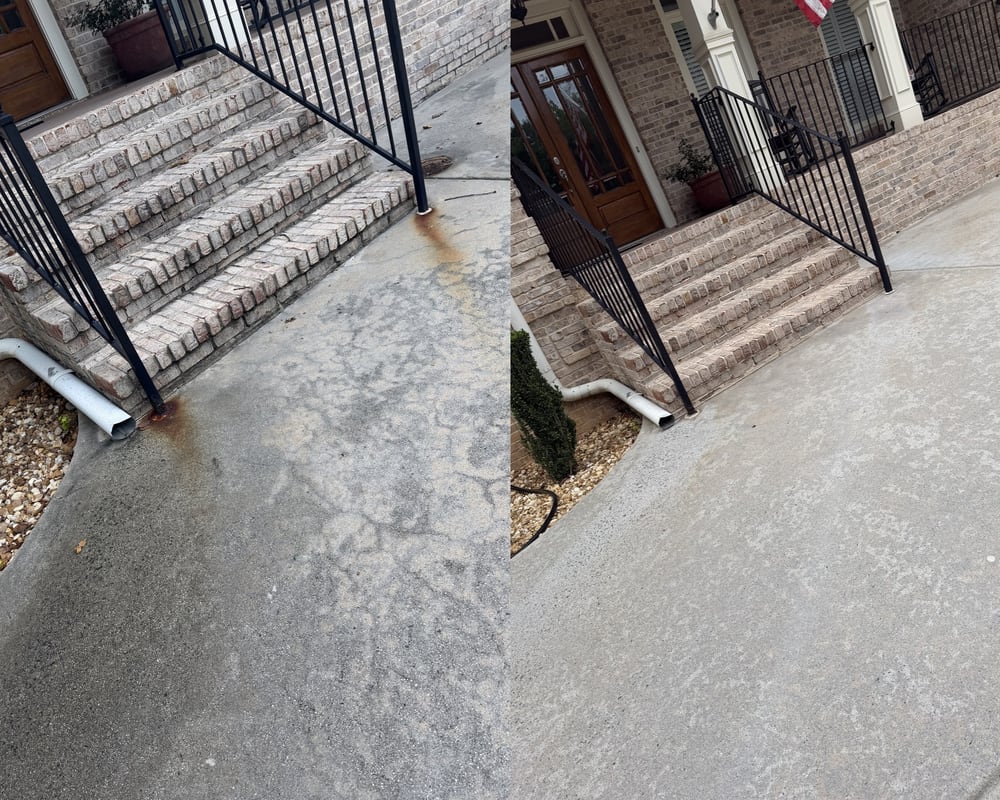 Before and after: rust-stained brick steps and concrete pad washed clean by KM Property Restorations