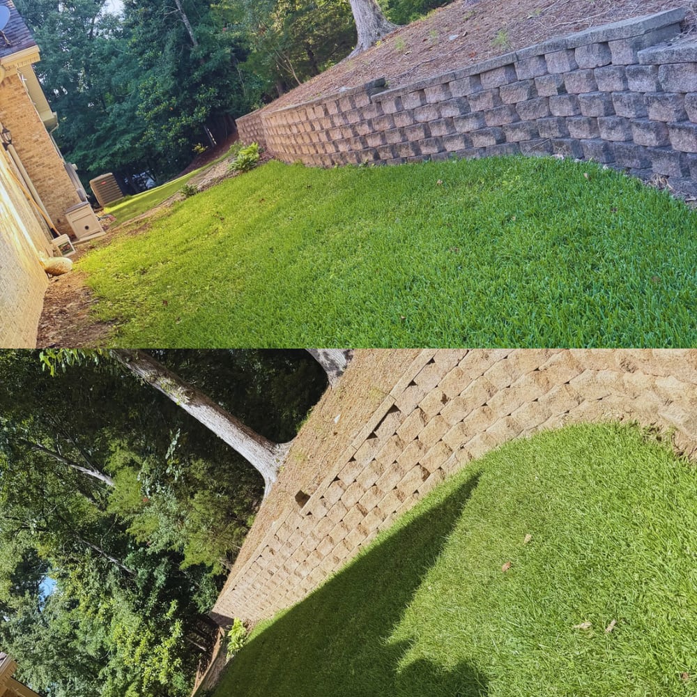 Before and after close-up: retaining wall block washed clean along a fresh lawn by KM Property Restorations