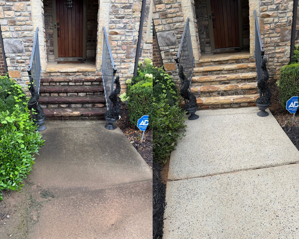 Before and after: a grimy front entry walkway and stone steps washed bright by KM Property Restorations