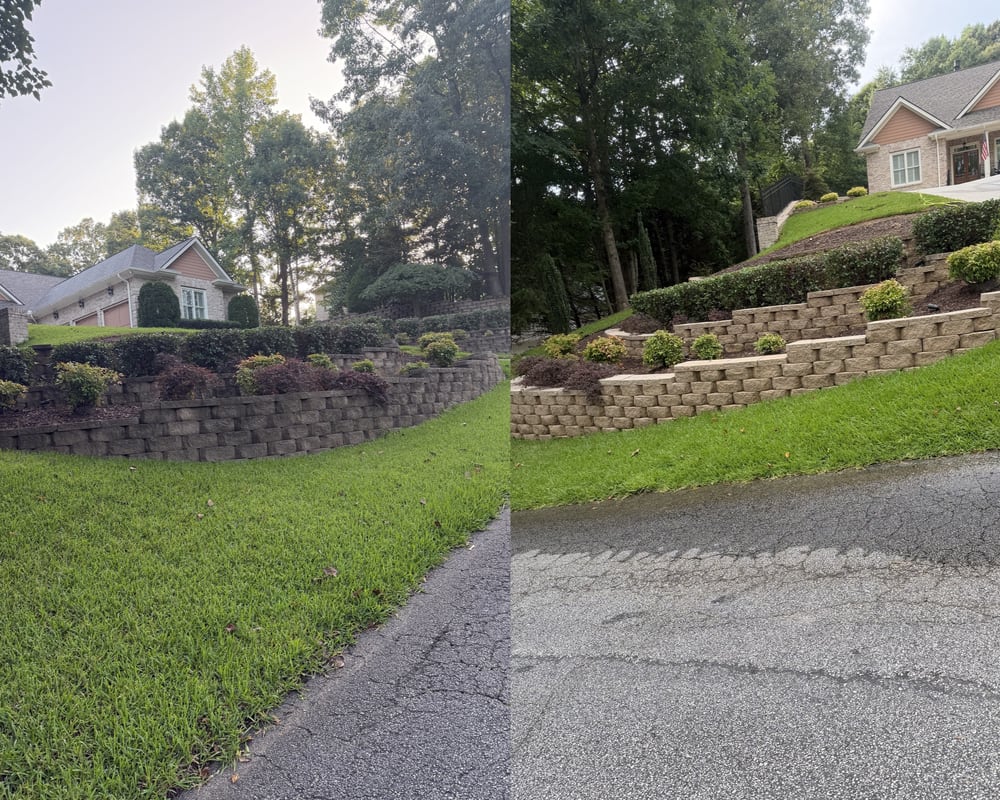 Before and after: a terraced retaining wall and hillside washed from dark and dingy to bright by KM Property Restorations