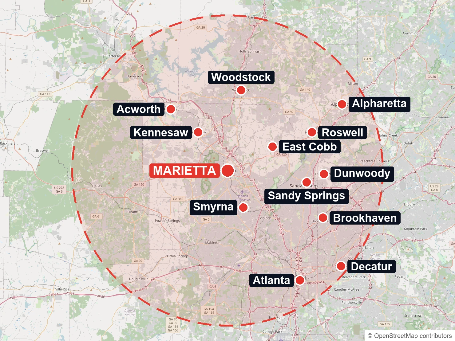 KM Property Restorations service area: 20 miles around Marietta, Georgia, covering East Cobb, Smyrna, Kennesaw, Woodstock, Acworth, Roswell, Sandy Springs, Dunwoody, Alpharetta, Brookhaven, Atlanta and Decatur